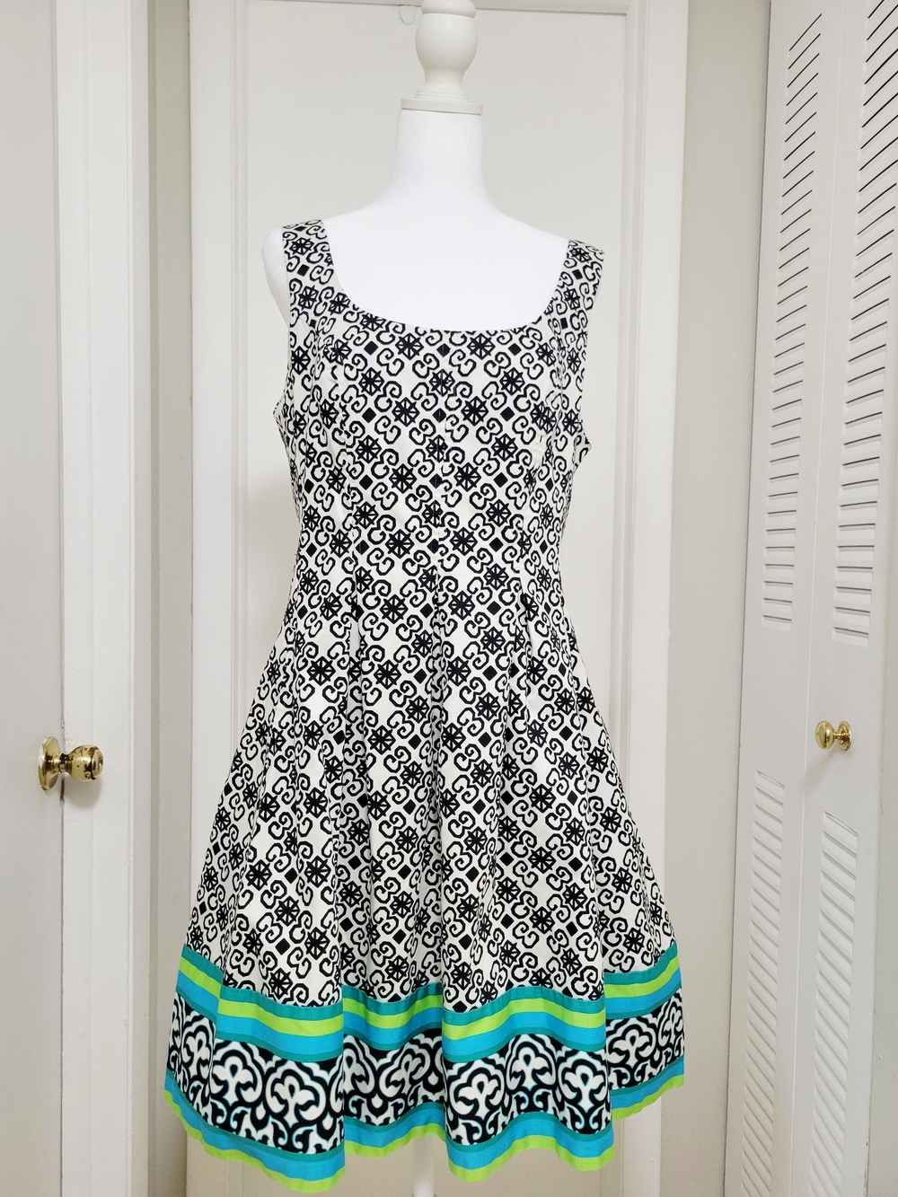 Nine West Patterned Fit-and-Flare Dress with Teal Trim